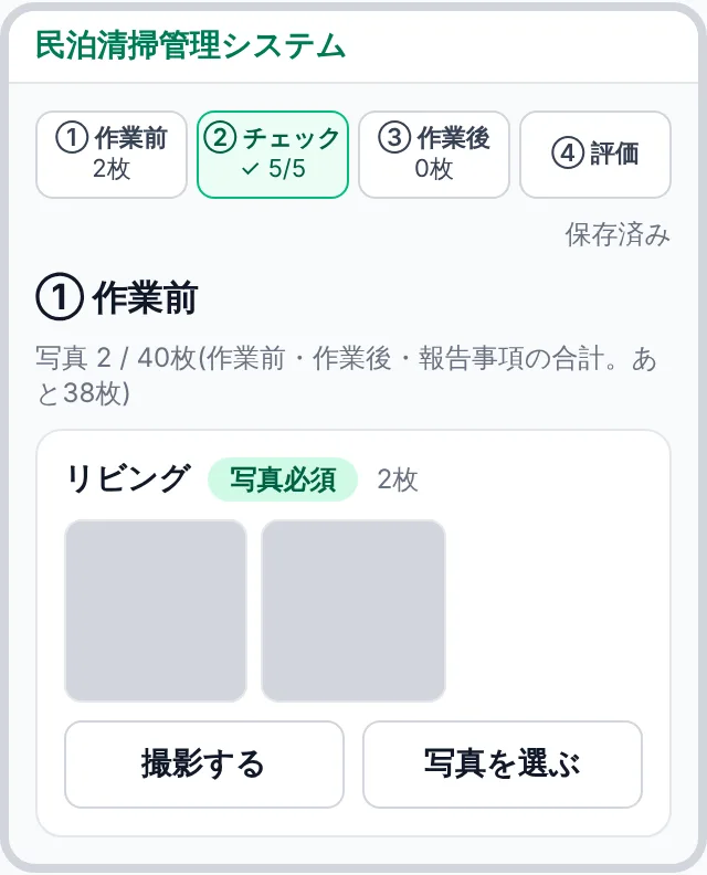 スタッフの作業中の画面。作業前、チェック、作業後、評価の4つの段階と、写真の撮影ボタン